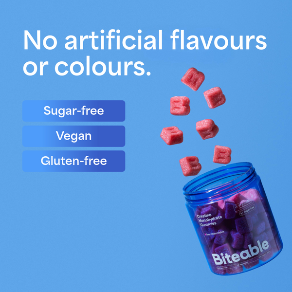 Creatine Monohydrate Gummies  · 5.1g creatine monohydrate per serving · Sugar-free · Vegan · Third-party tested by Eurofins · Build muscle · Better performance & recovery · Supports cellular energy in muscle and brain